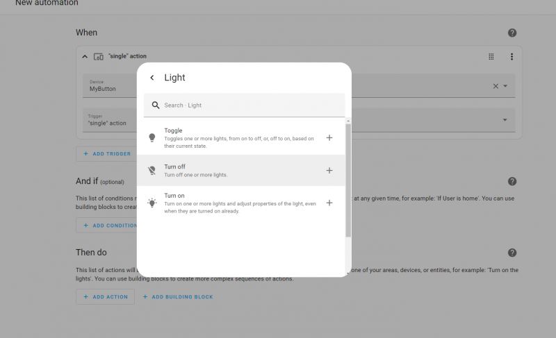 Interfejs tworzenia automatyzacji w Home Assistant z opcją sterowania światłem.