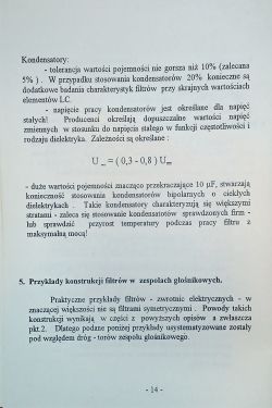 Strona broszury technicznej z opisem kondensatorów i filtrów głośnikowych