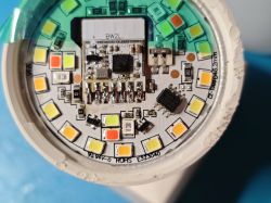 Inside view of an LED lamp showing diodes and electronic circuitry.