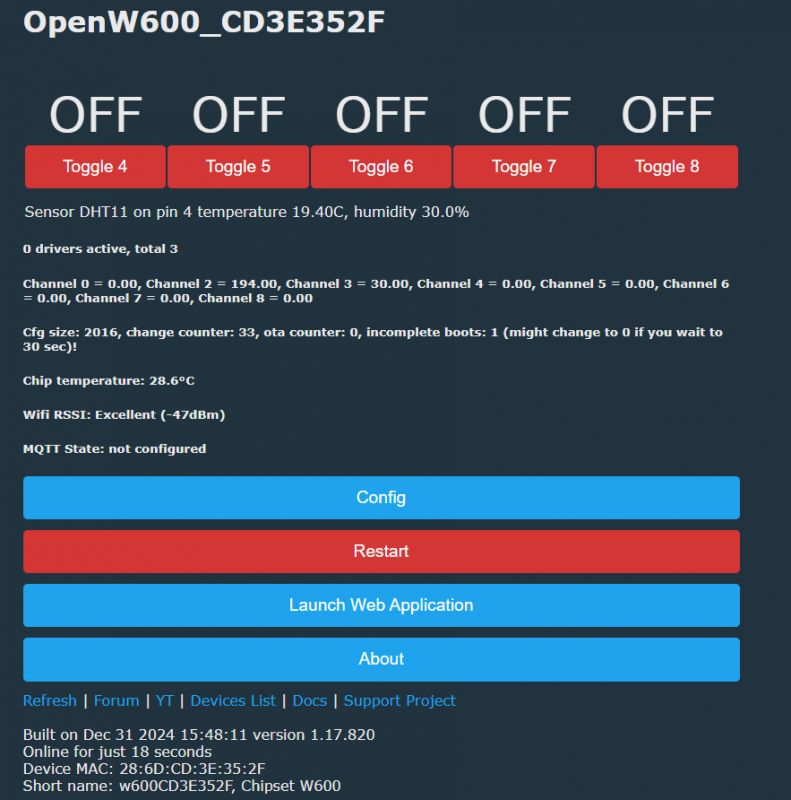 OpenW600 control panel with active toggles and temperature information.
