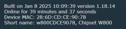 Screenshot displaying information about device W800, including build date, online time, MAC address, and short name.