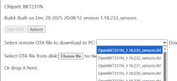 Dropdown list showing OTA files for OpenBK7231N, versions from 1.18.230 to 1.18.233_sensors