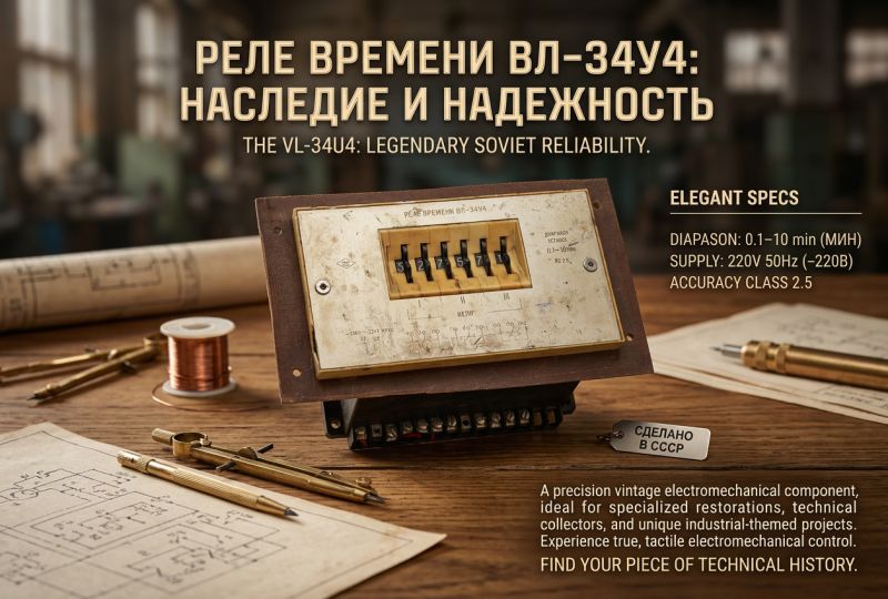 Ad-style graphic of a VL-34U4 time relay on a wooden workbench with tools and circuit sketches