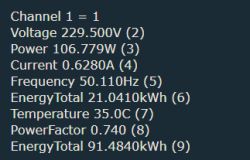 Data displayed on a screen with values for voltage, power, current, frequency, energy, temperature, power factor, and total energy.