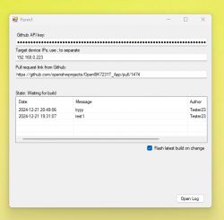 Screenshot of an application with settings for GitHub API, target IP, and pull request link.