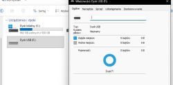 Zrzut ekranu Windows: właściwości dysku USB F: z pojemnością 0 bajtów i nieznanym systemem plików