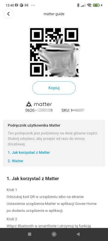 App screen with a Matter guide, QR code, and setup instructions in Polish