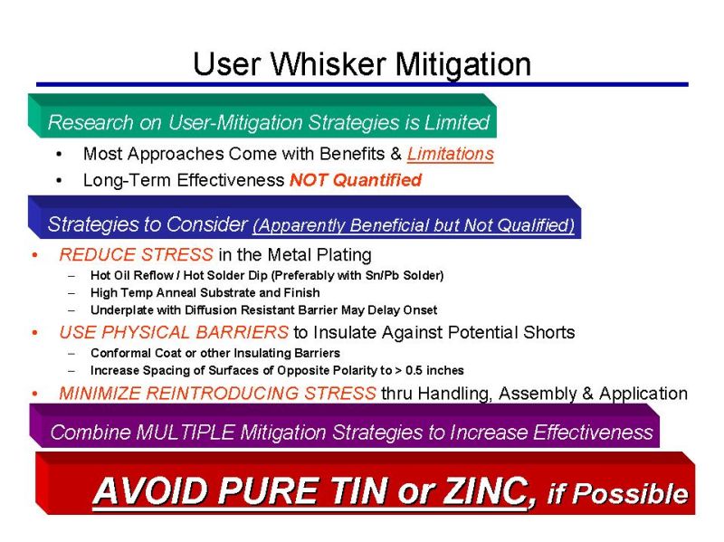 Presentation slide listing tin whisker mitigation strategies and key warnings.