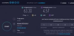 Test prędkości internetu z wynikami: pobieranie 63,30 Mbps, przesyłanie 4,57 Mbps, ping 43 ms.