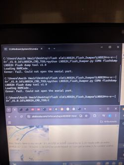 Computer screen showing an error message when trying to use a USB to UART converter.
