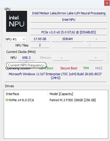 Okno narzędzia z informacjami o Intel NPU i dyskach, m.in. Windows 11 IoT i Patriot M.2 256GB