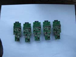 Five PCBs with C-Chip C-8133U Modules Five green PCBs with C-Chip C-8133U modules based on BK7231S arranged on a white background.