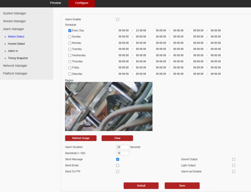 Zrzut ekranu prezentujący konfigurację detekcji ruchu kamery IP.