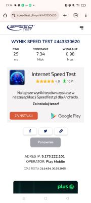 Zrzut ekranu wyniku testu prędkości internetu w sieci Play Mobile; ping 25 ms, pobieranie 7.34 Mb/s, wysyłanie 0.98 Mb/s.