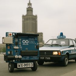 An Arduino Uno on wheels next to a blue police car in front of the Palace of Culture in Warsaw.