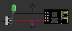 Diagram with a button, LED, and electronic module with VCC and GND labels.