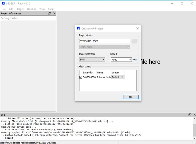 Creating a New Project in SEGGER J-Flash for STM32F103CB SEGGER J-Flash program window creating a new project for STM32F103CB microcontroller.