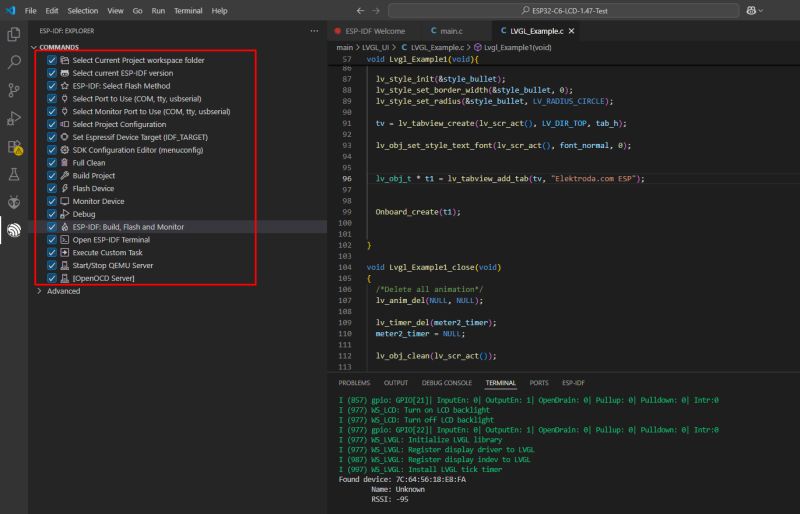 Widok Visual Studio Code z otwartym projektem ESP-IDF i plikiem źródłowym C