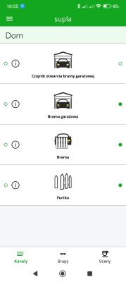 Interfejs aplikacji Supla pokazujący statusy bramy i furtki