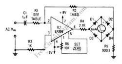 Schemat elektryczny miernika napięcia z układem LF356.