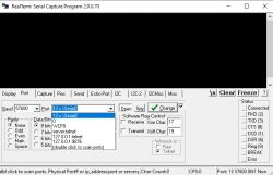 Screenshot of RealTerm Serial Capture Program 2.0.0.70 with serial port settings.
