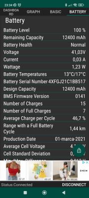 Zrzut ekranu aplikacji monitorującą baterię hulajnogi.