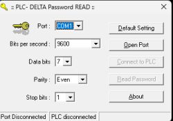 Okno programu PLC-DELTA Password READ z ustawieniami portu szeregowego