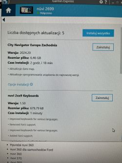 Interfejs oprogramowania Garmin Express z informacjami o aktualizacjach