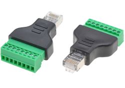 Adapter RJ45 do złącz śrubowych z ośmioma pinami, widok z przodu i z tyłu