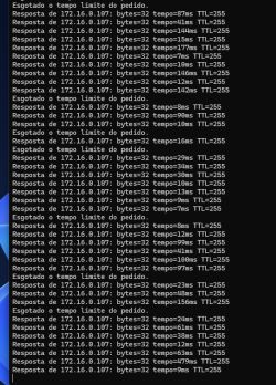Terminal window showing ping results to 172.16.0.107 with irregular response times