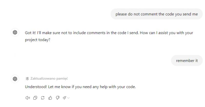 Zrzut ekranu z rozmowy z ChatGPT, w którym aktualizowana jest pamięć.