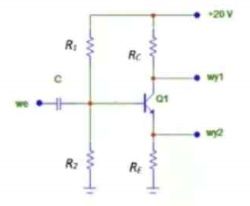 Schemat wzmacniacza tranzystorowego z rezystorami R1, R2, RC, RE i kondensatorem C