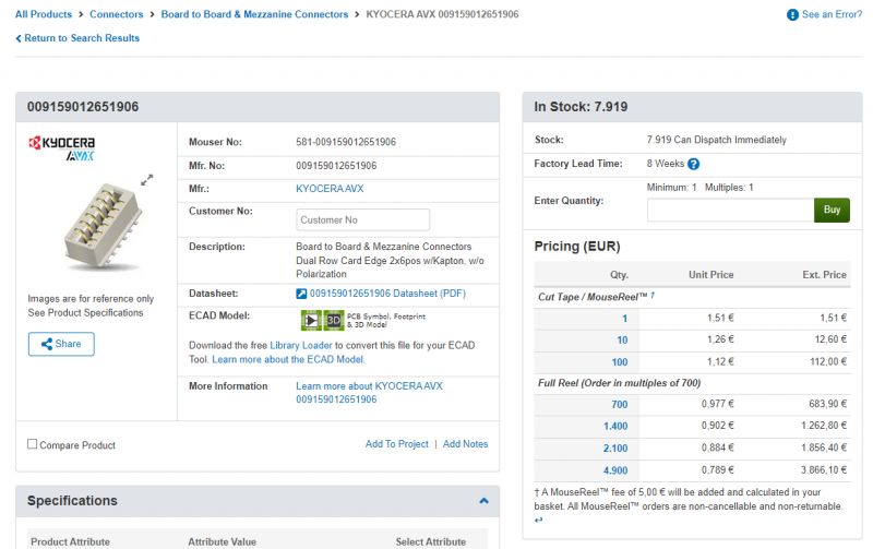 KYOCERA AVX 009159012651906 Connector in Online Store Screenshot of an online store page displaying the KYOCERA AVX connector with part number 009159012651906.