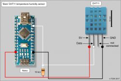 Diagram of DHT11 sensor connection with a Nano board, showing wiring and a resistor layout.