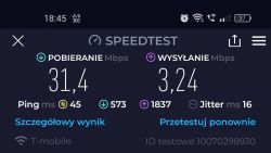 Zrzut ekranu wyniku testu prędkości Internetu z aplikacji Speedtest pokazujący prędkość pobierania 31,4 Mbps i wysyłania 3,24 Mbps.