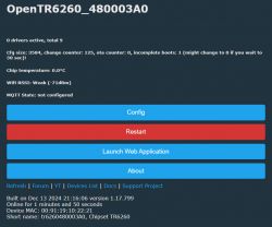Screenshot of the OpenTR6260_480003A0 user interface displaying system status and configuration options.