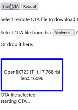 User interface for OTA update with OpenBK7231T file selected for installation.