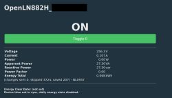 Device interface screen showing electrical data and green Toggle 0 button