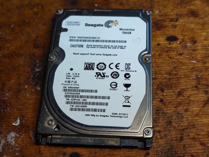 Seagate Momentus 750GB Hard Drive from 2011 Exterior of a Seagate Momentus 750GB hard drive from 2011.