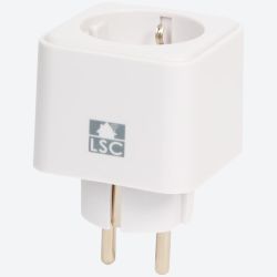White smart plug with LSC logo and two metal prongs