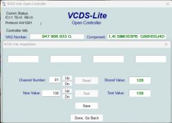 Zrzut ekranu z programu VCDS-Lite pokazujący ustawienia adaptacji dla kontrolera samochodowego.