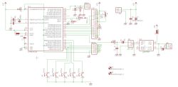 Schemat elektroniczny urządzenia z mikrokontrolerem ATmega328P, wyświetlaczem LCD oraz układem audio TDA7050.