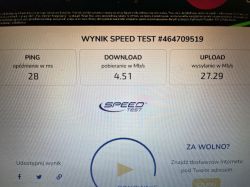 Zrzut ekranu wyniku testu prędkości internetu z pingiem 28 ms, 4.51 Mb/s pobierania i 27.29 Mb/s wysyłania