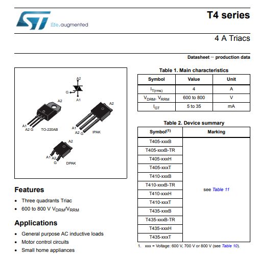 Fragment karty katalogowej triaka STMicroelectronics serii T4 z rysunkami obudów, tabelą parametrów oraz zastosowaniami.