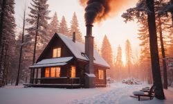 Cabin in a Winter Forest at Sunset A wooden cabin in a snowy forest at sunset with smoke rising from the chimney.