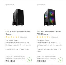 Dwie obudowy komputerowe MODECOM Volcano Amirani z cenami i opisami.