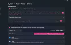 Ekran ustawień grafiki w systemie Windows z włączonymi opcjami optymalizacji gier i planowania sprzętowego GPU.