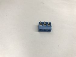 Blue 3-pin screw terminal block on a light background, top view