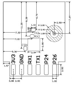 Diagram of a board with pin labels 3V3, GND, RX1, TX1, P24, P26.