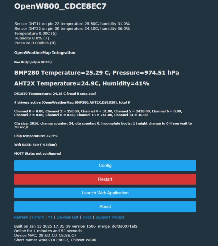 Screenshot of the OpenW800 control panel showing temperature, humidity, and pressure sensor data.